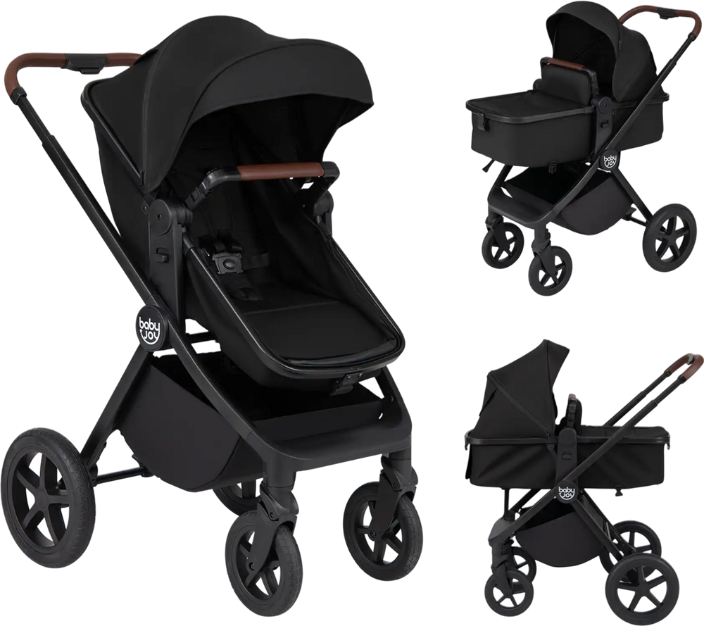 3-in-1 convertible high landscape bassinet stroller in black with adjustable backrest and 5-point safety belt for child comfort.