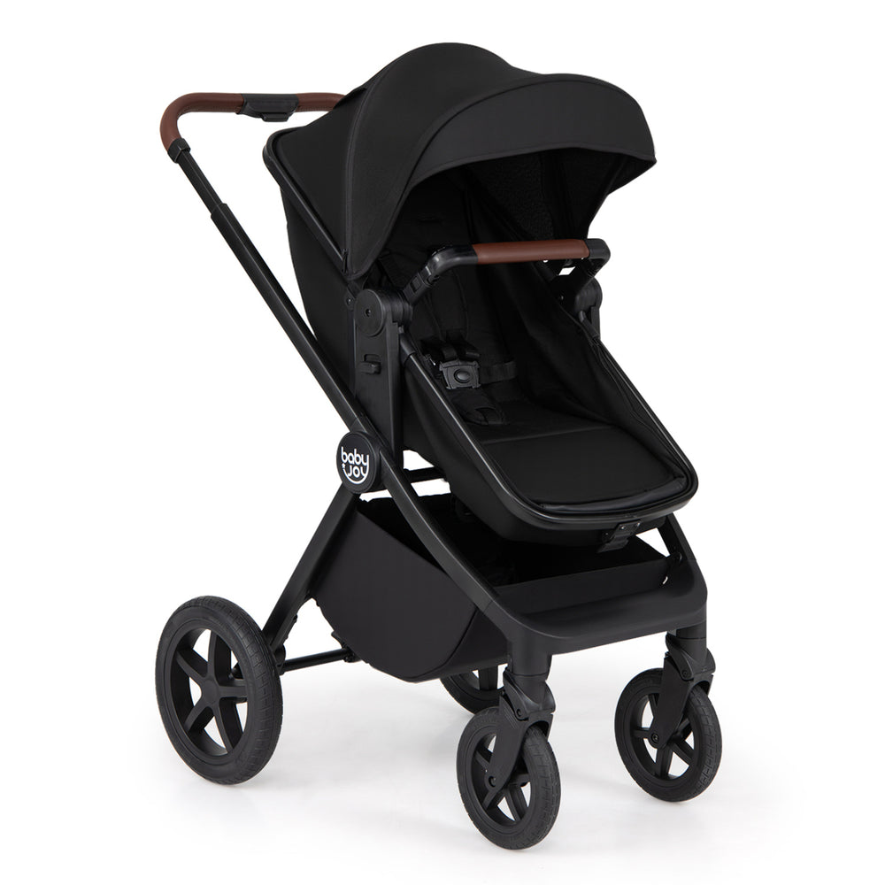 3-in-1 convertible high landscape stroller in black features a reversible seat, adjustable backrest, and ample storage for baby essentials.