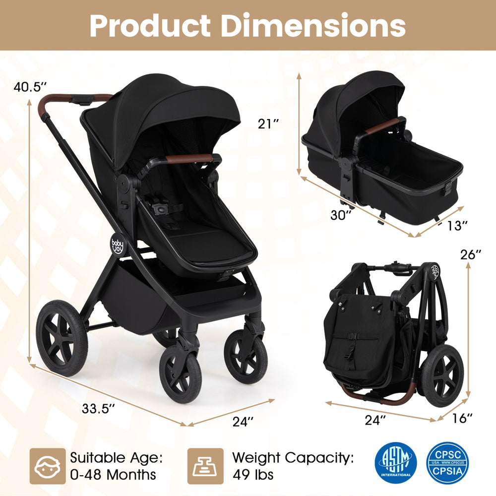 3-in-1 convertible high landscape bassinet stroller in black features a reversible seat and adjustable backrest for child comfort.