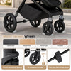 Multi-terrain wheels with shock-absorbing springs ensure smooth rides on asphalt, wood, cement, and brick surfaces.