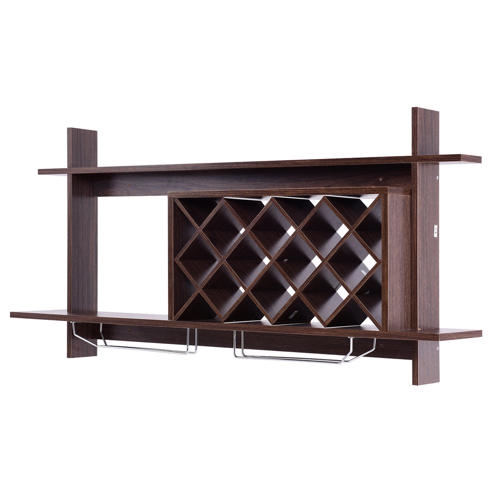 Wall-mounted wine rack with a rustic finish, featuring a spacious shelf for stylish wine storage and glass display.