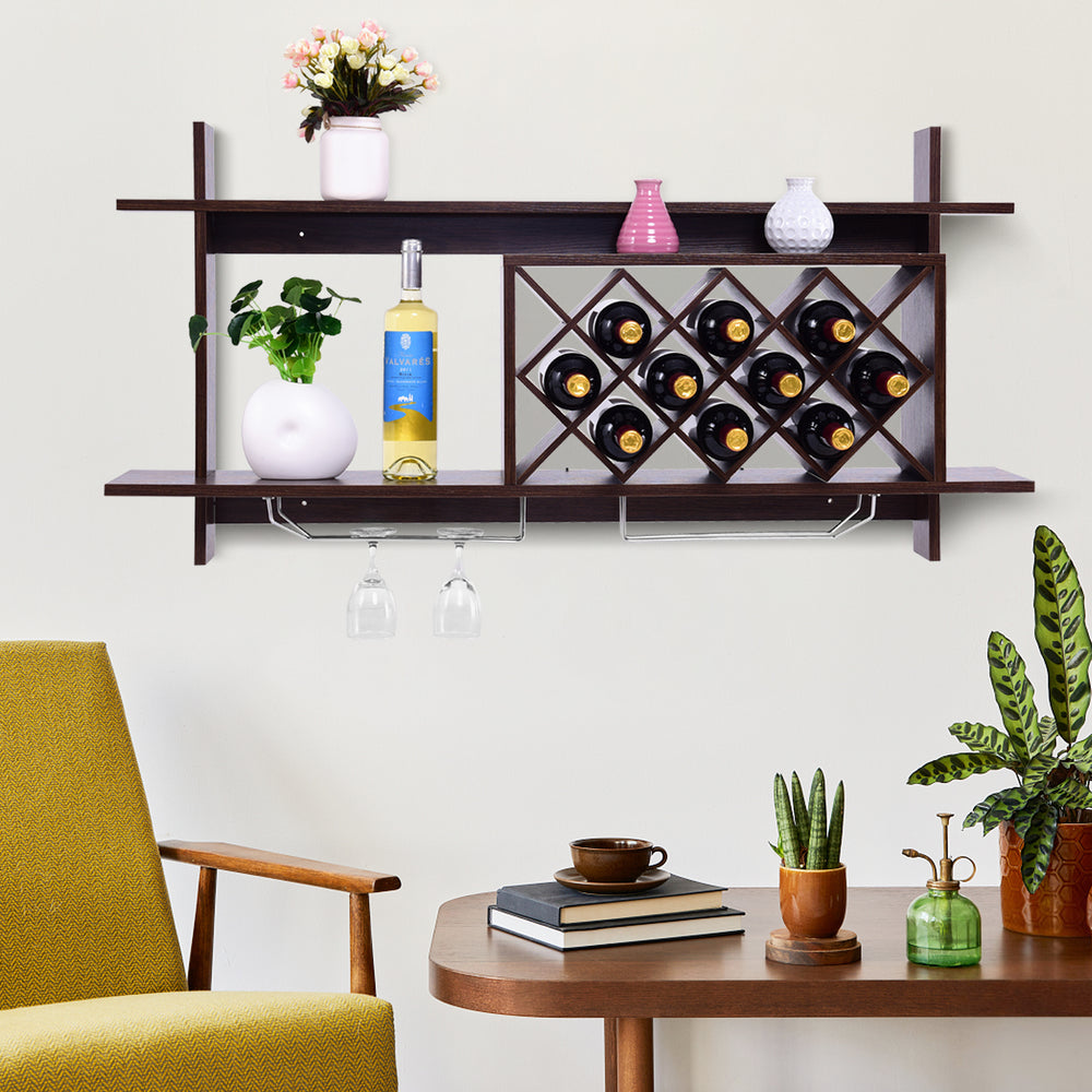 Wall-mounted wine rack with space for 10 bottles and 3 glasses, featuring an industrial design for stylish storage.