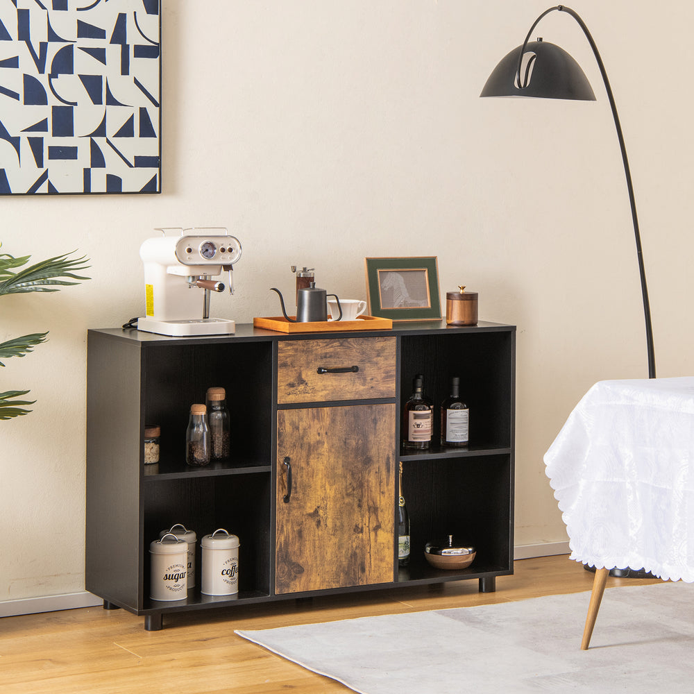 Industrial sideboard with rustic finish, featuring 4 open cubbies and 1 drawer for versatile storage in dining areas.