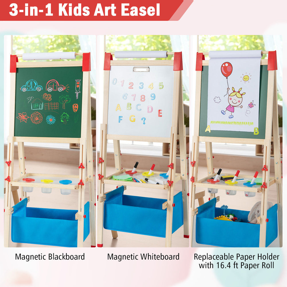 Double-sided adjustable kids easel with magnetic chalkboard and whiteboard, includes 60 accessories for creative play.