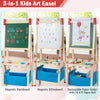 Double-sided adjustable kids easel with magnetic chalkboard and whiteboard, includes 60 accessories for creative play.