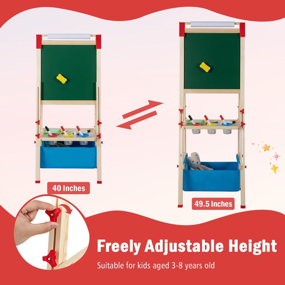 Adjustable height kid easel with magnetic chalkboard and whiteboard, suitable for ages 3-8, featuring storage tray.