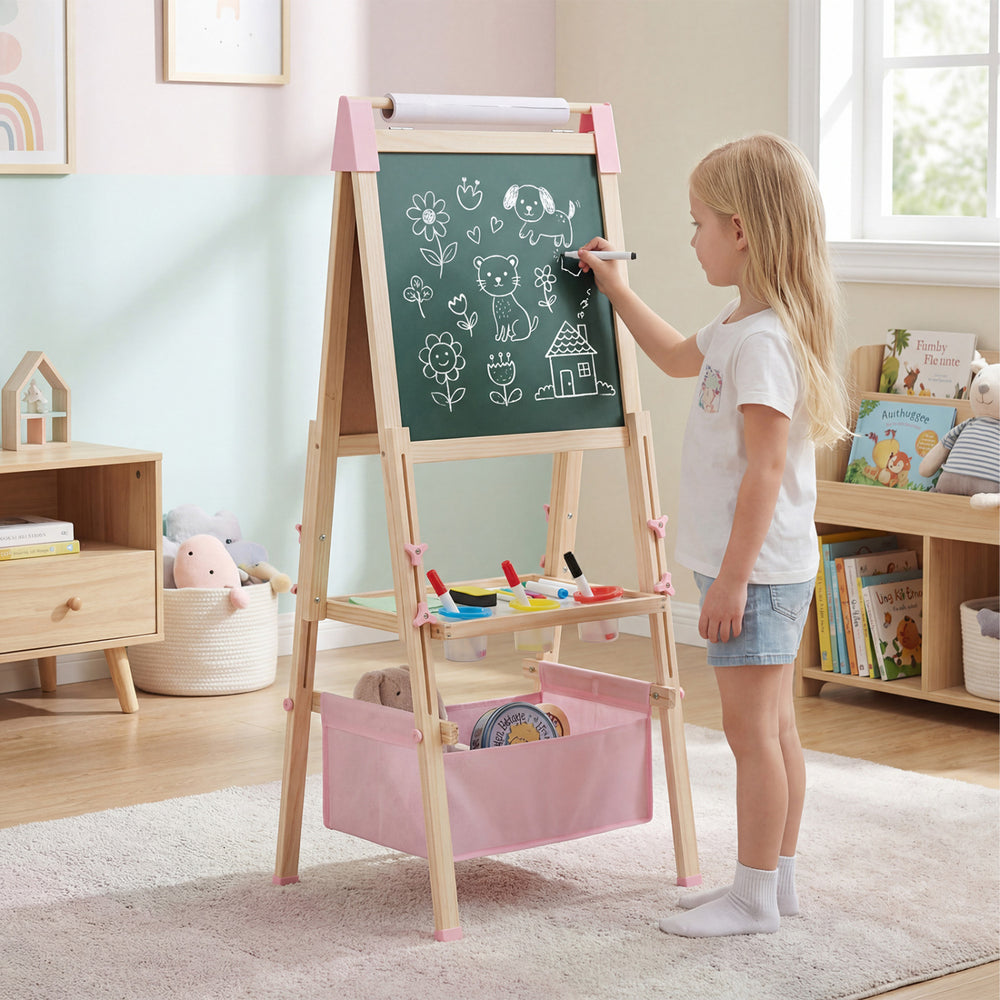 3-in-1 Double-Sided Adjustable Kid Easel for 3-8 Years Old Toddlers-Pink - Gallery View 1 of 10