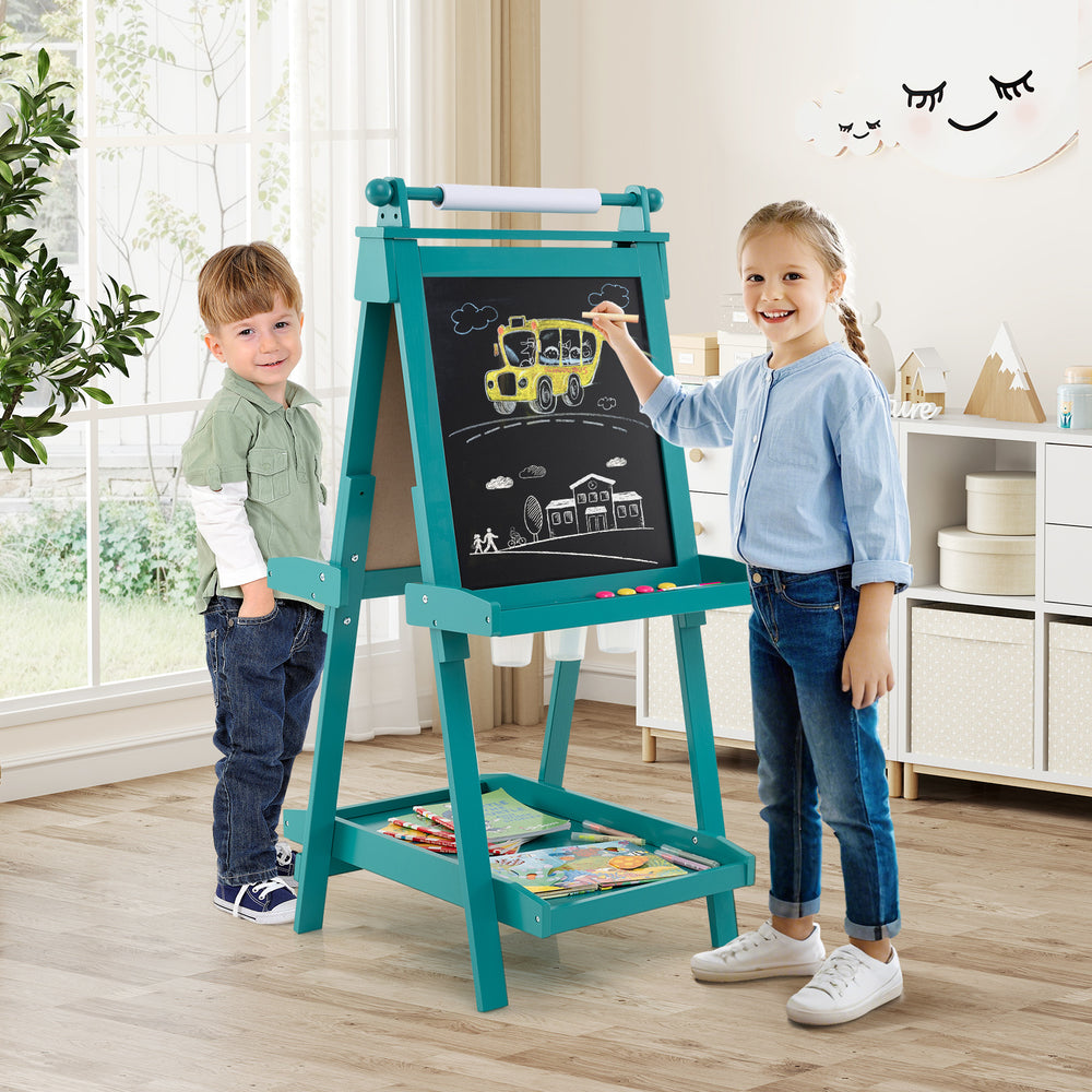 Green 3-in-1 double-sided art easel with chalkboard and magnetic whiteboard, designed for two kids to create art.