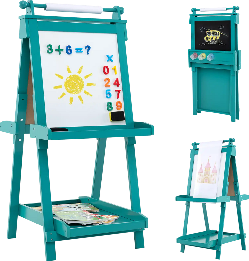 Double-sided 3-in-1 art easel in green with chalkboard, magnetic whiteboard, and storage for kids' creativity.