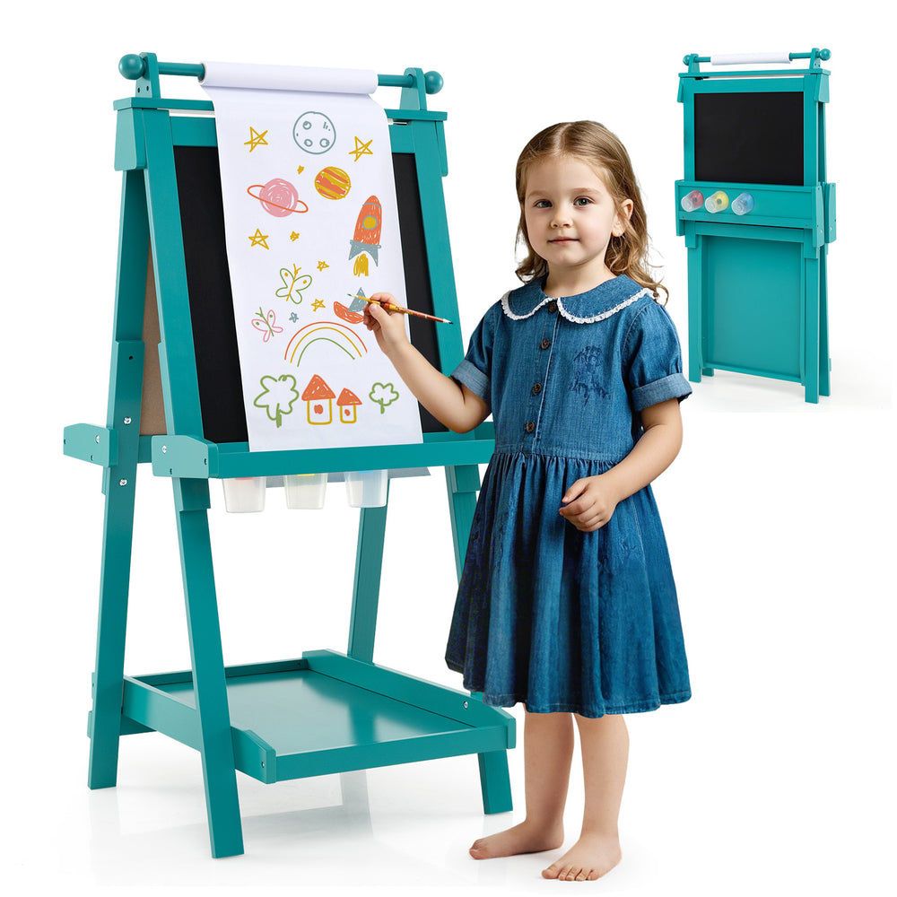 Double-sided art easel in green with chalkboard and magnetic whiteboard, perfect for kids' creativity and storage.