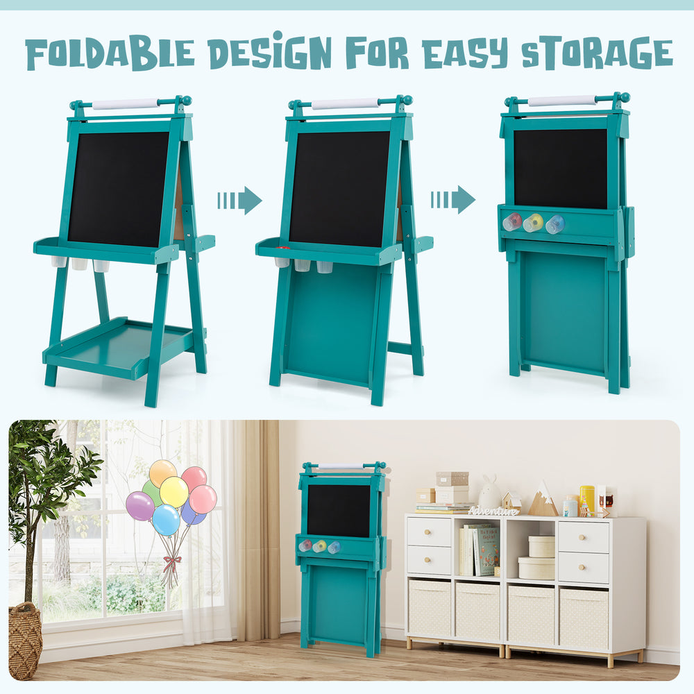 3-in-1 double-sided art easel in green with chalkboard and magnetic whiteboard, featuring a foldable design for easy.