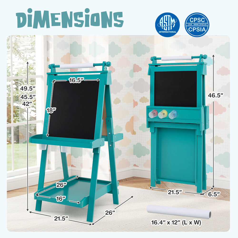 Double-sided art easel in green features a chalkboard and magnetic whiteboard, ideal for kids' creativity and storage.