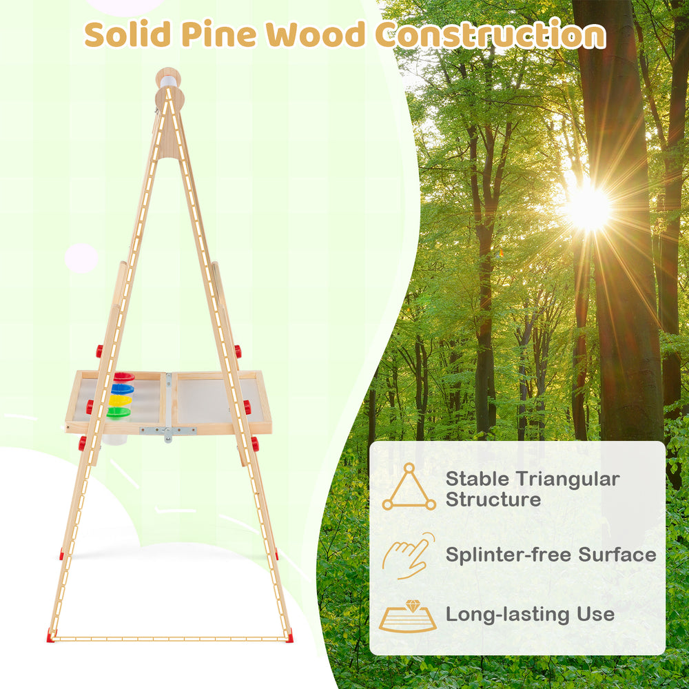 3-in-1 double-sided wooden kids art easel with paper roll, adjustable height, and sturdy pine wood construction for.