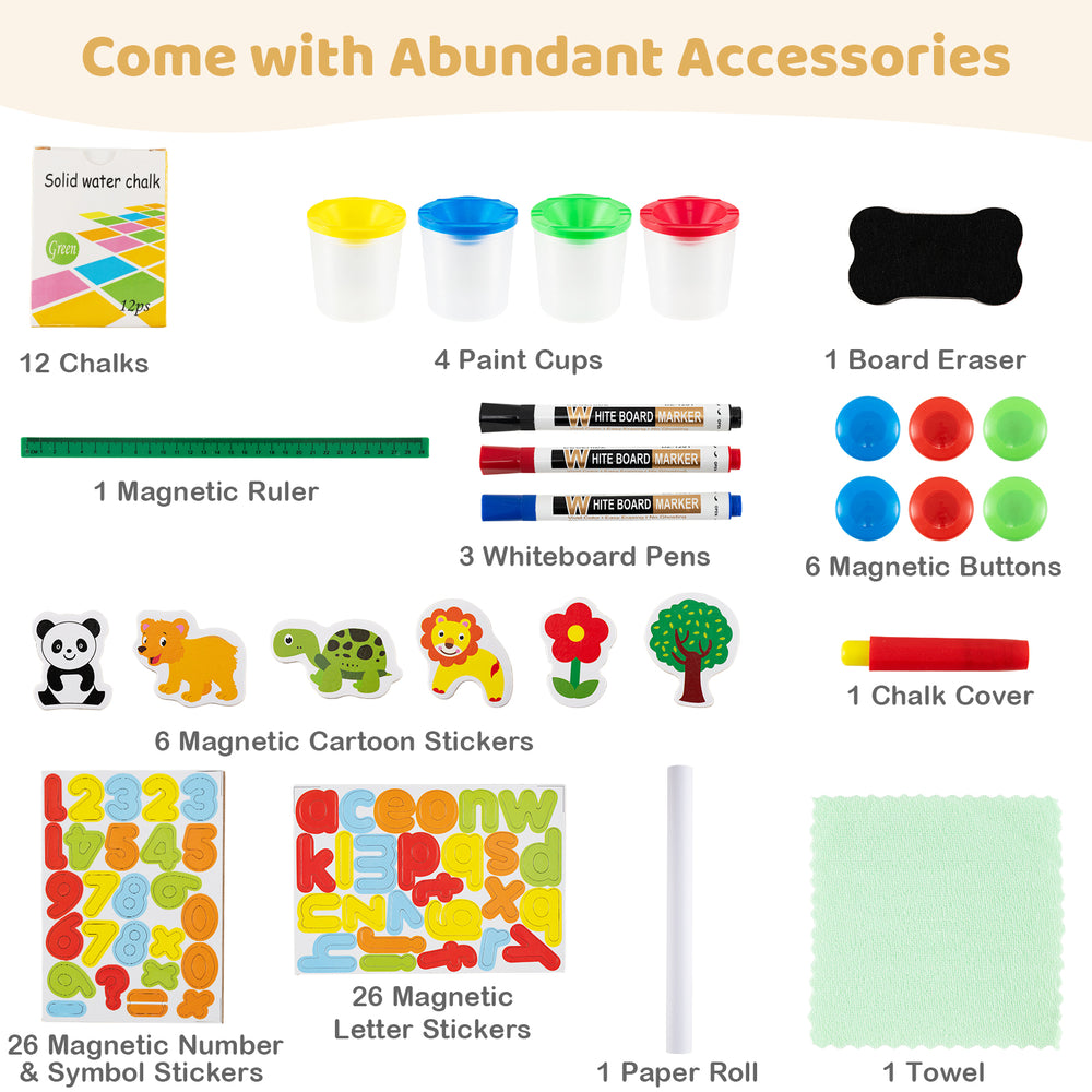 Double-sided wooden kids art easel with magnetic whiteboard, paper roll, and various accessories for creative play.