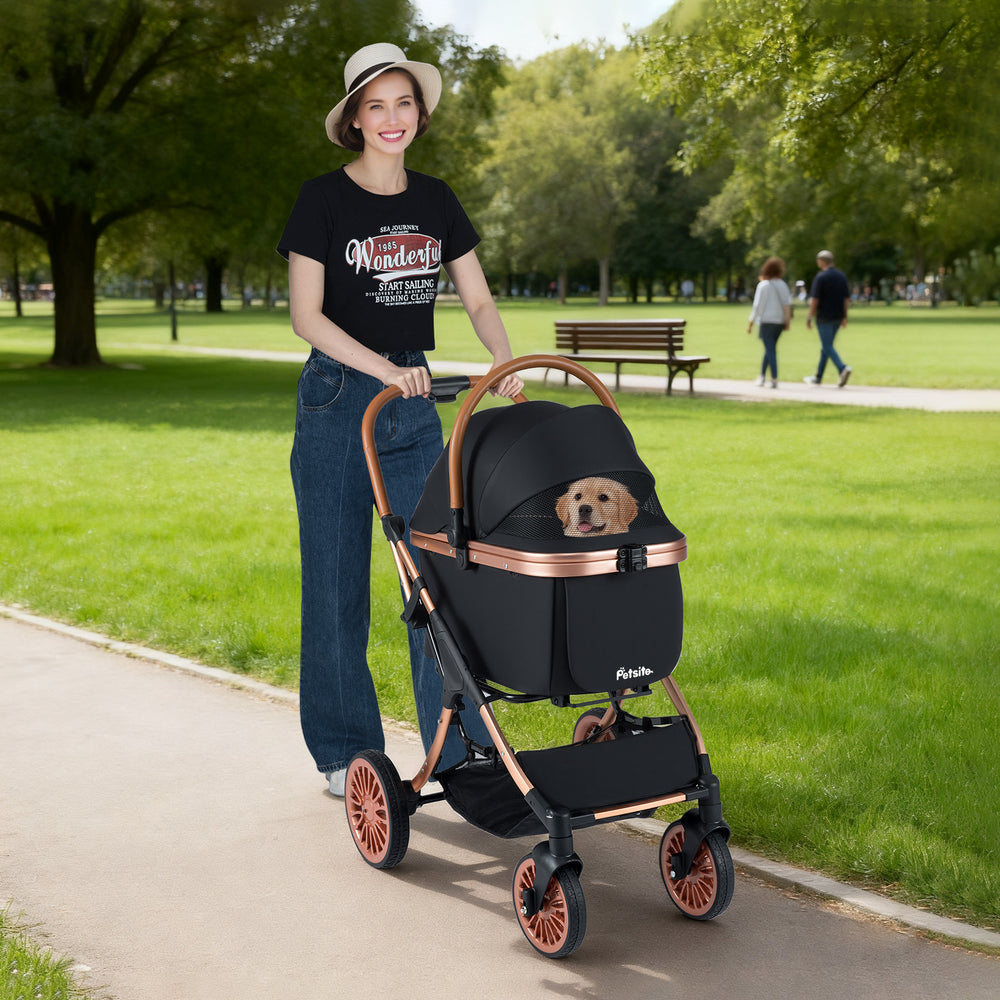 3-in-1 foldable pet stroller in black with sun shade, safety belt, and a cozy interior for small to medium dogs.