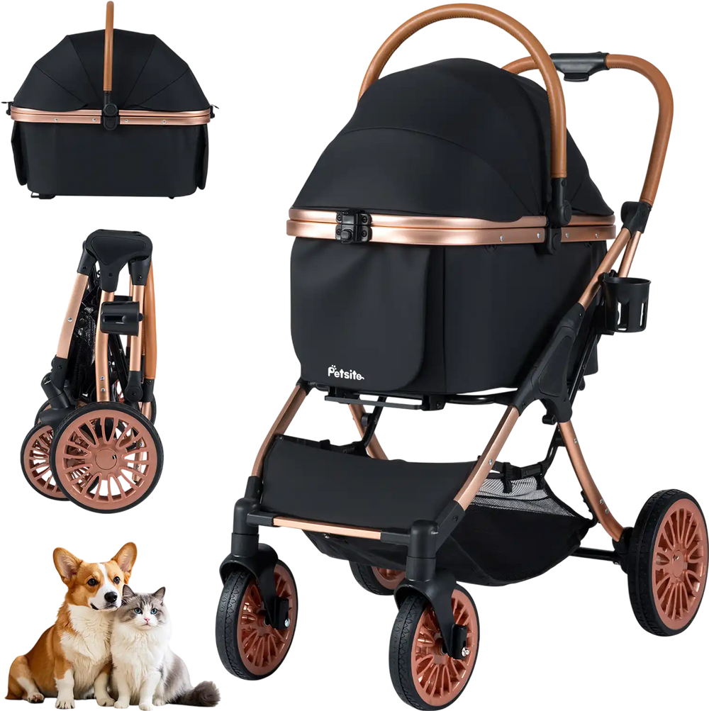 3-in-1 foldable pet stroller in black with copper accents, featuring a sun shade and safety belt for small to medium.