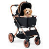 Foldable pet stroller in black with sun shade, safety belt, and a cozy interior for small to medium dogs and cats.