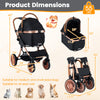 3-in-1 foldable pet stroller in black with sun shade, safety belt, and dimensions for small to medium dogs and cats.