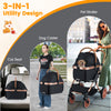 3-in-1 foldable pet stroller in black, featuring a sun shade, safety belt, and removable cushion for small to medium.