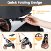 Foldable pet stroller with sun shade, safety belt, and removable carrier for small to medium dogs and cats.