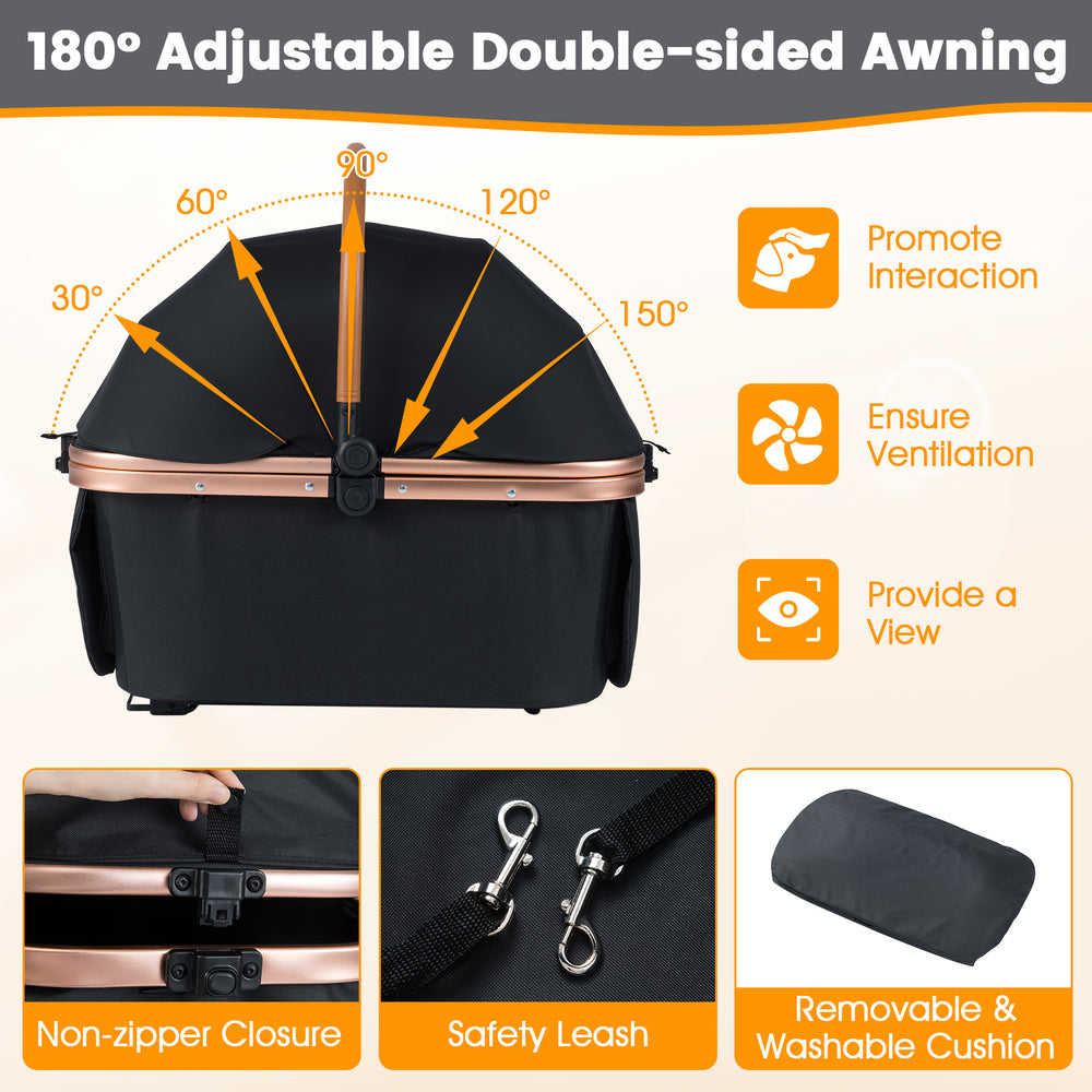 Foldable pet stroller with 180° adjustable double-sided awning, safety leash, and removable cushion for small to medium.