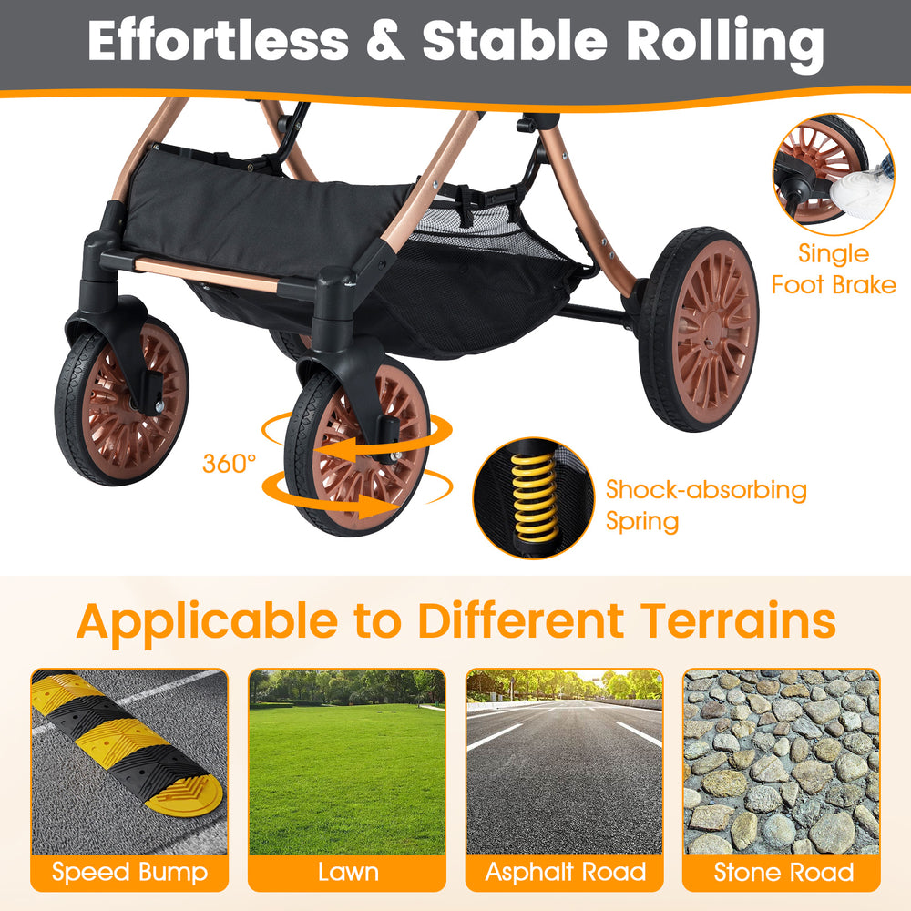 Close-up of the 3-in-1 foldable pet stroller's wheels, featuring shock-absorbing springs for stable rolling on various.