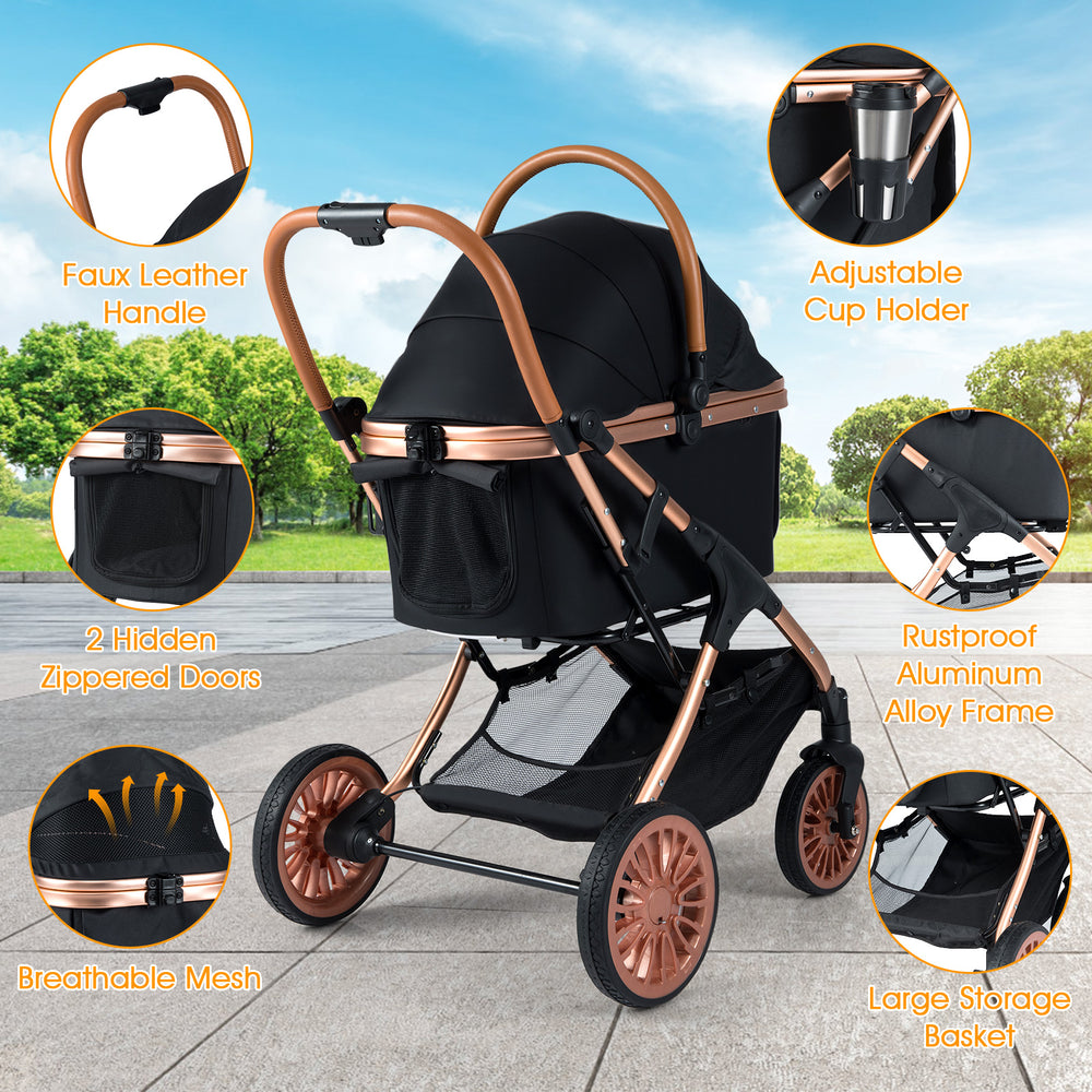 3-in-1 foldable pet stroller in black with rustproof aluminum frame, adjustable cup holder, and large storage basket.