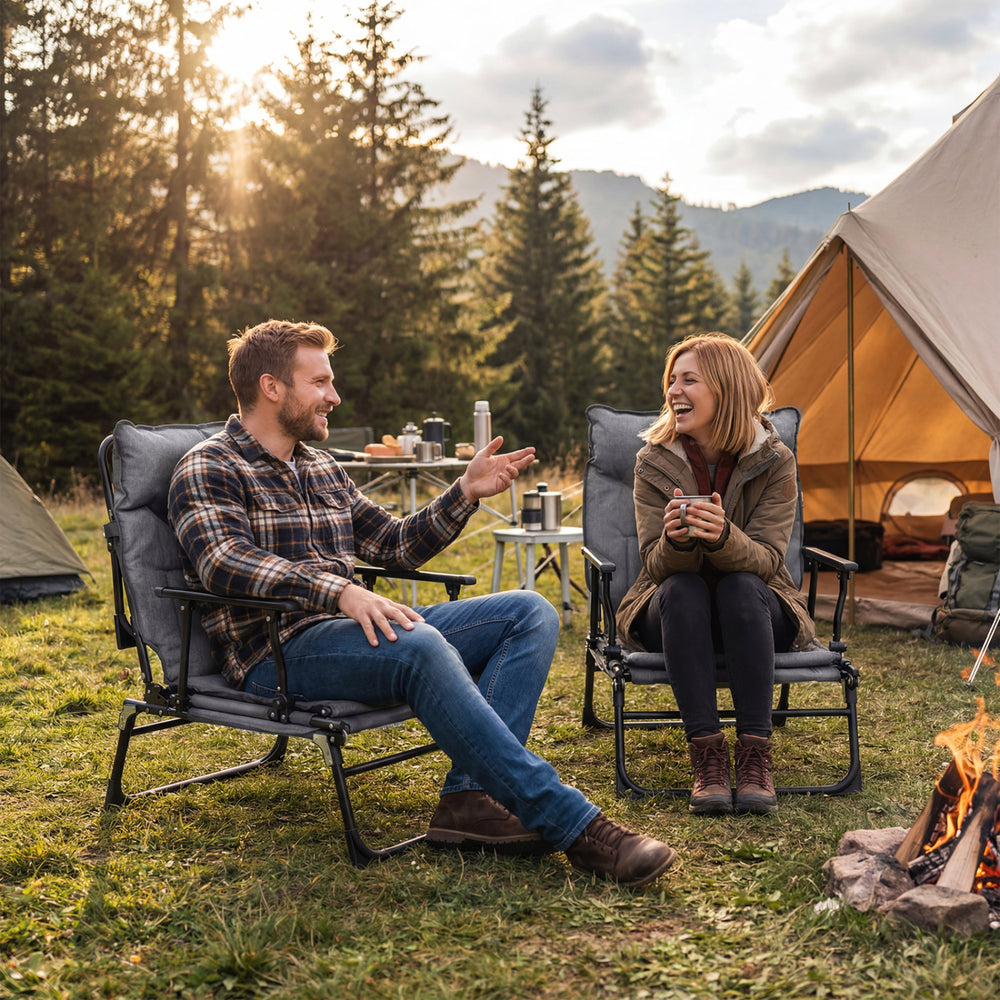 Gray 3 in 1 folding camping cot as a lounge chair with adjustable backrest, perfect for outdoor relaxation.