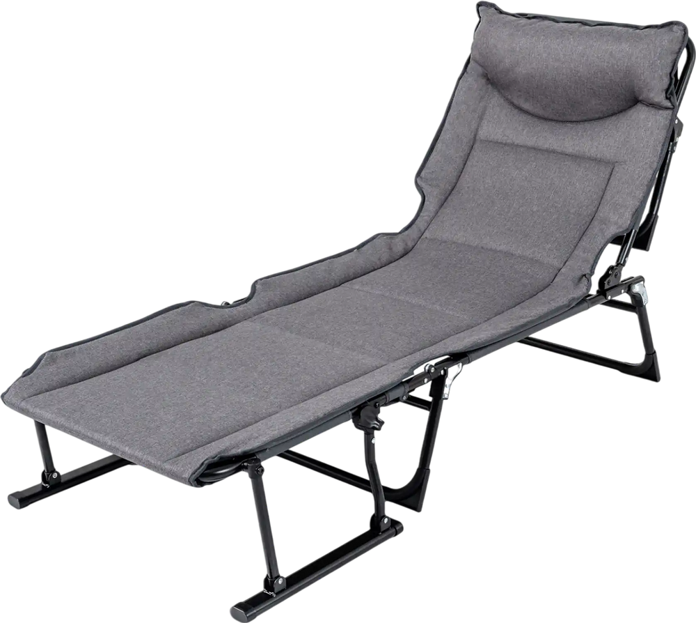 Gray 3-in-1 folding camping cot with adjustable backrest, padded comfort, and sturdy metal frame for versatile seating.