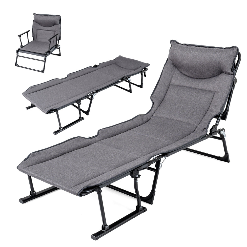 3-in-1 folding camping cot in gray, adjustable backrest, padded for comfort, ideal for lounging or sleeping.