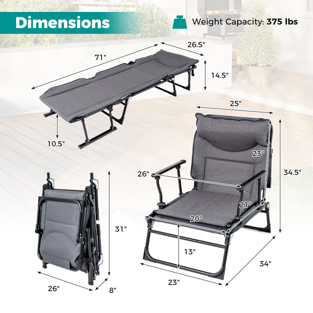 3 in 1 folding camping cot shown in gray, convertible to sofa chair or sleeper bed, featuring adjustable backrest and.