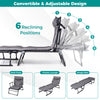 Adjustable gray folding camping cot shown in 6 reclining positions, functions as a sofa chair, lounge, or sleeper bed.