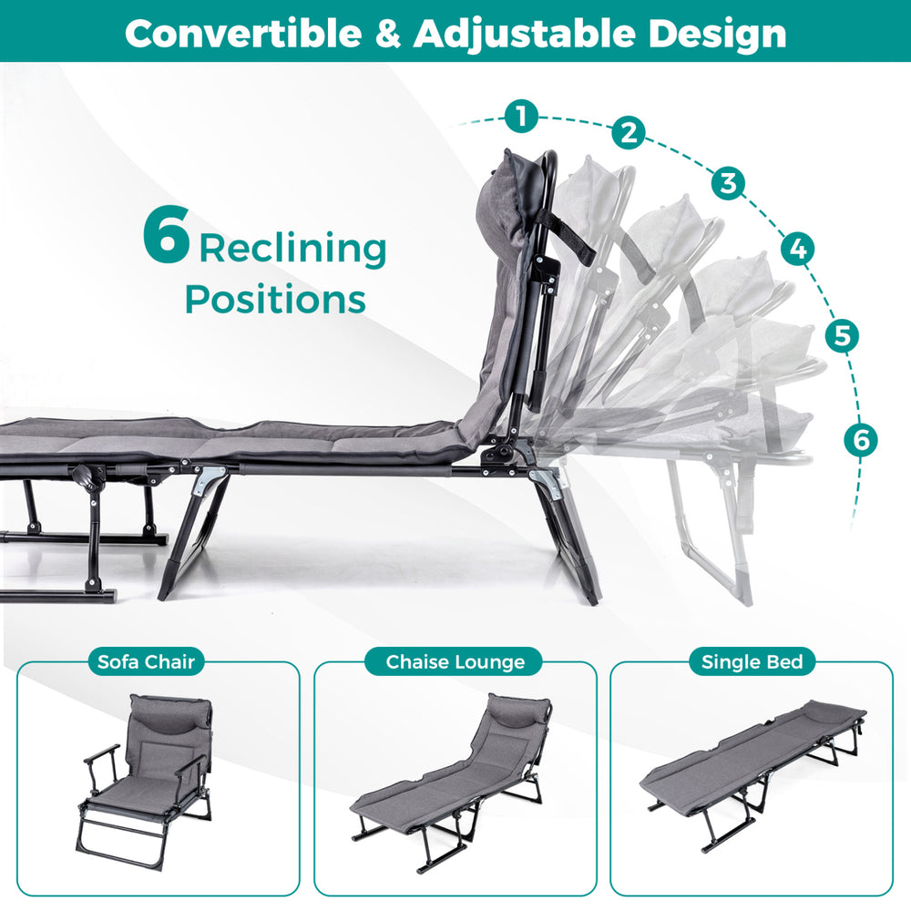 Adjustable gray folding camping cot shown in 6 reclining positions, functions as a sofa chair, lounge, or sleeper bed.