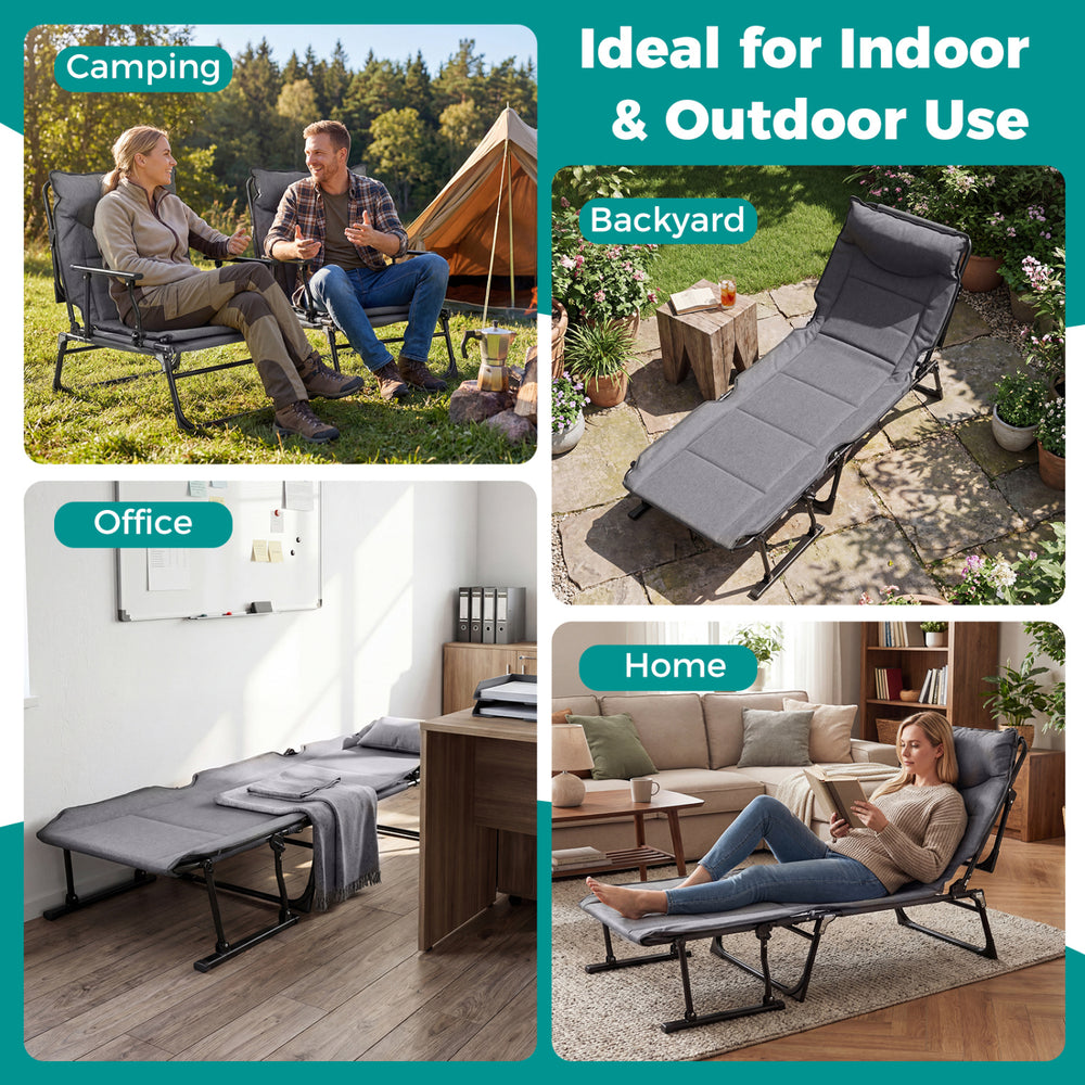 Gray 3 in 1 folding camping cot shown as a lounge chair with adjustable backrest for versatile indoor and outdoor use.