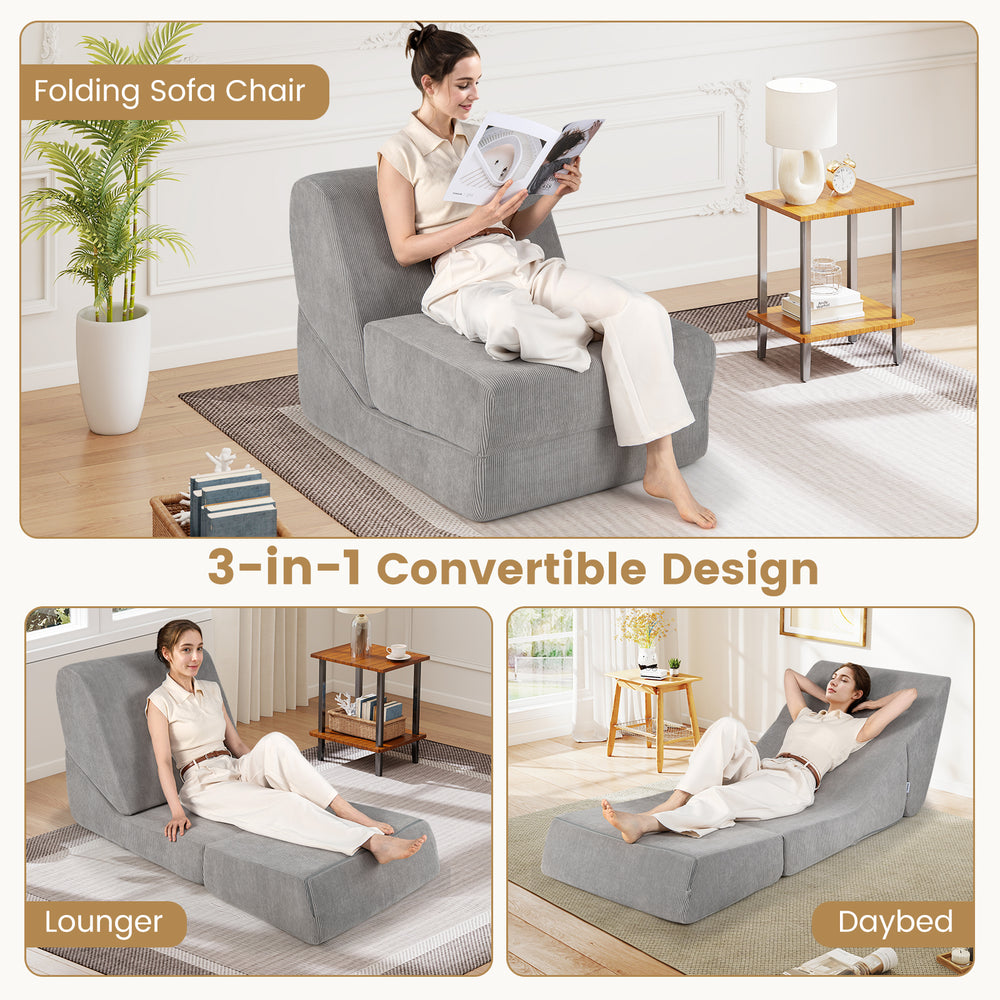 3-in-1 folding sofa bed in gray with a cozy backrest, ideal for lounging, reading, or relaxing in any space.