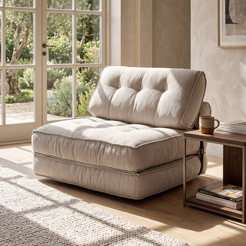Beige 3-in-1 folding sofa with bolster, convertible to bed, featuring premium sponge filling for comfort in any room.