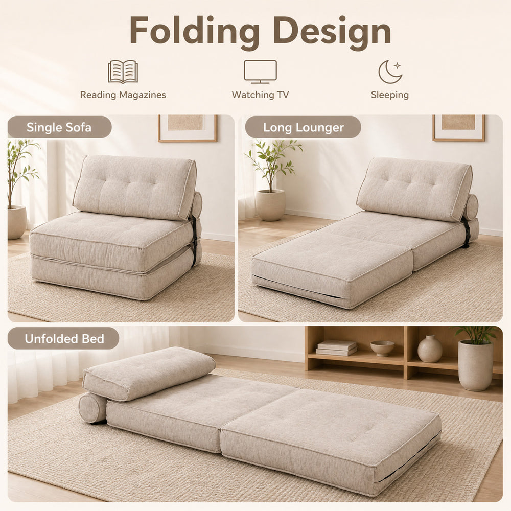 Beige 3-in-1 folding sofa with bolster, convertible to lounger or bed, ideal for living rooms and guest rooms.