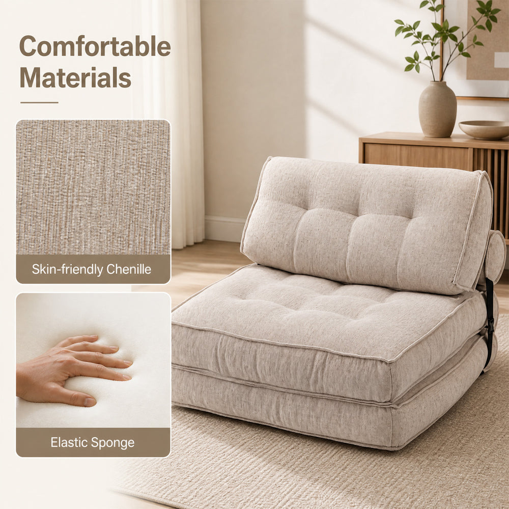 3-in-1 folding sofa in beige with bolster, featuring soft sponge filling and a zippered cover for easy maintenance.