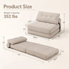 Folding sofa in beige converts to a bed, featuring a bolster, premium sponge filling, and anti-slip bottom for safety.