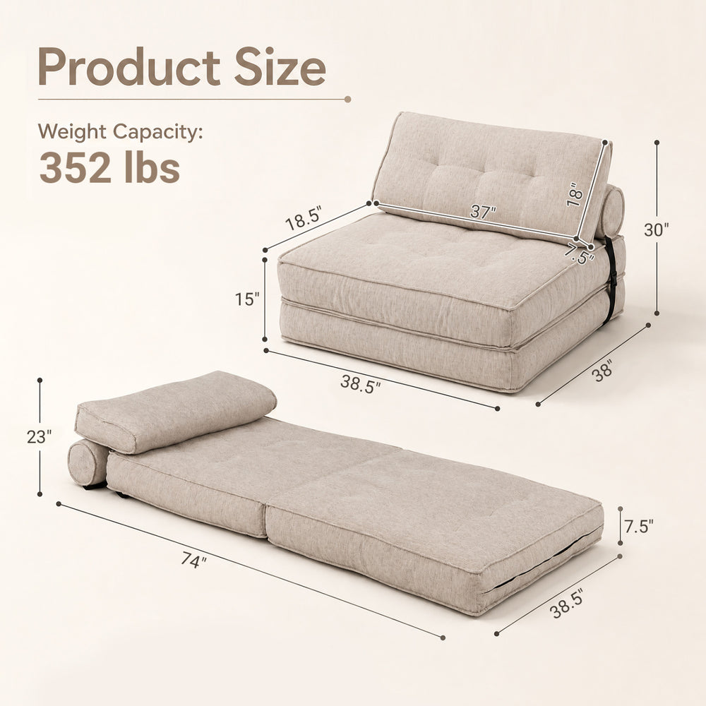 Folding sofa in beige converts to a bed, featuring a bolster, premium sponge filling, and anti-slip bottom for safety.