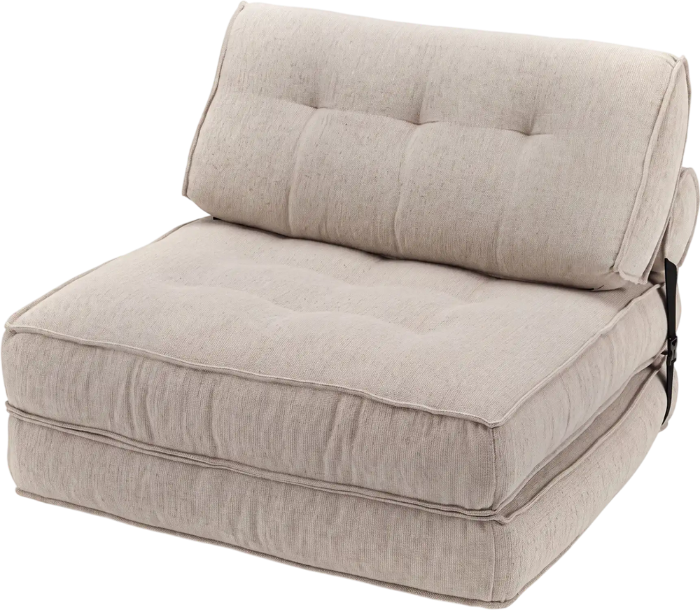 Beige 3-in-1 folding sofa with bolster, convertible to lounger or bed, featuring premium sponge filling for comfort.