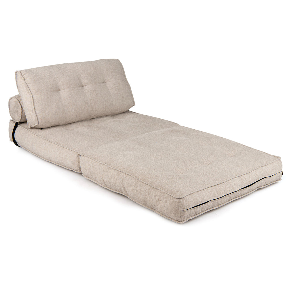 Beige 3-in-1 folding sofa with bolster converts to a bed, featuring premium sponge filling for comfort and support.