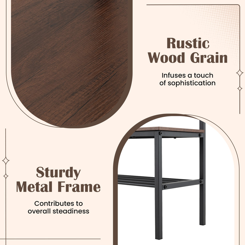 Freestanding entryway bench with rustic wood grain and sturdy metal frame, featuring hooks and shoe storage for.