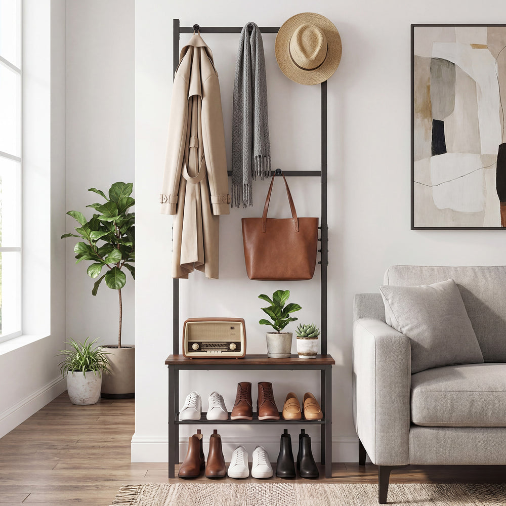 Close-up of the 3-in-1 hall tree's hooks and bench, showcasing its industrial design and durable metal frame for.