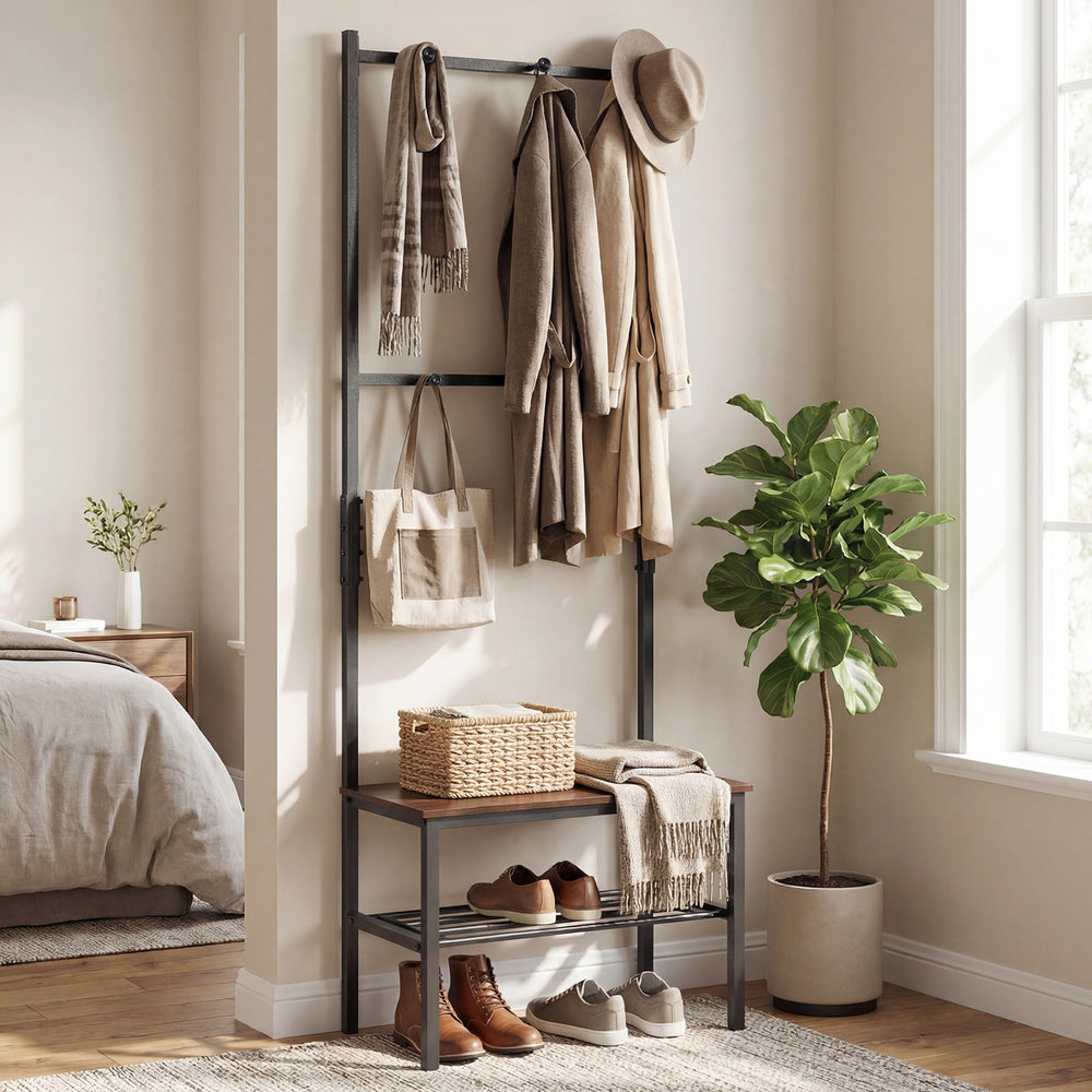 Close-up of the sturdy metal frame of the 3-in-1 hall tree, highlighting its industrial design and reliable.
