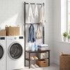 Freestanding entryway bench with hooks and shoe storage, featuring a strong metal frame and industrial design.