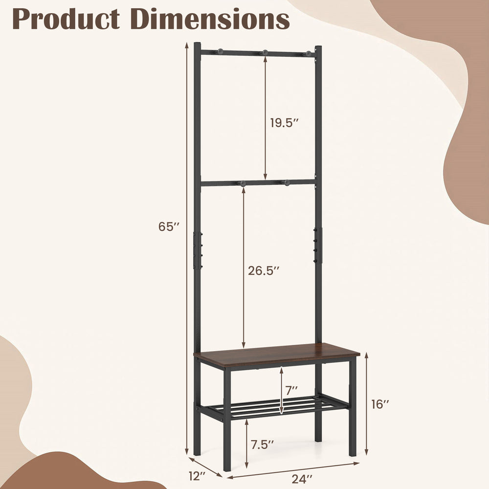 Dimensions of the 3-in-1 Hall Tree Freestanding Entryway Bench with Hooks, featuring a sturdy metal frame and shoe.