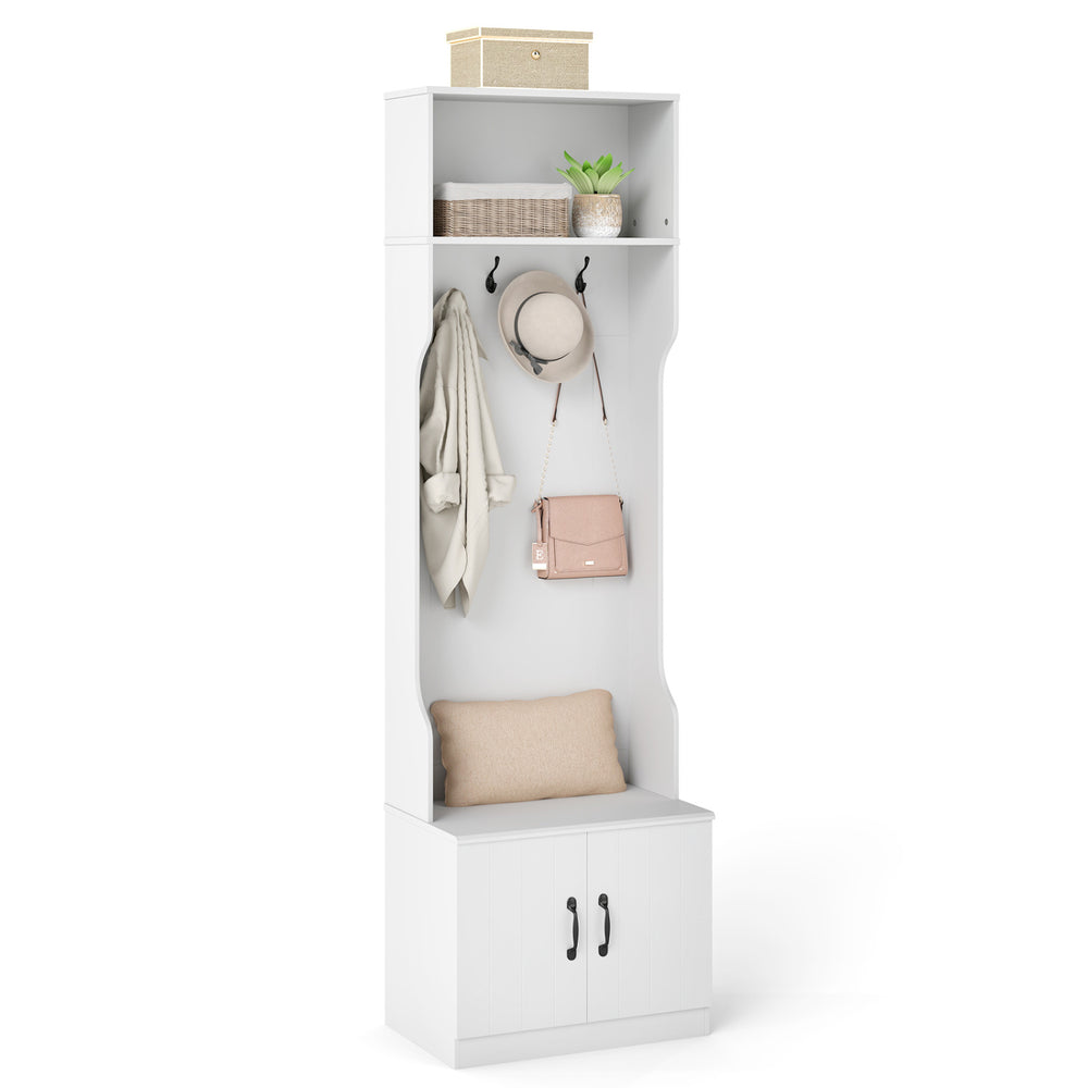 3-in-1 hall tree with bench and storage in white, featuring hooks, cubbies, and a soft-close cabinet for organized.