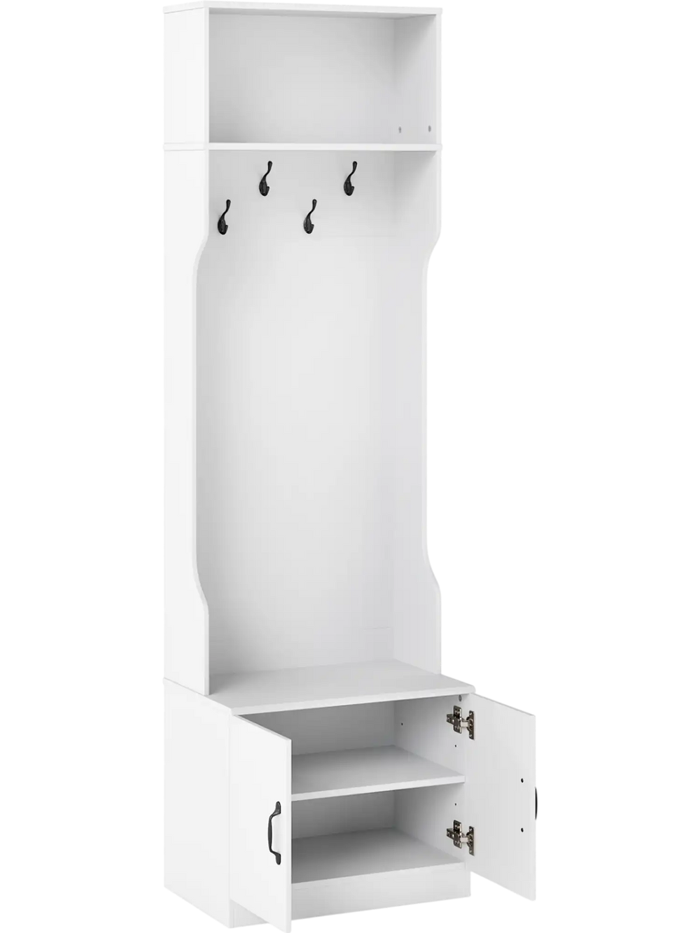 3-in-1 hall tree in white with hooks, adjustable shelves, and a shoe bench for organized mudroom storage.