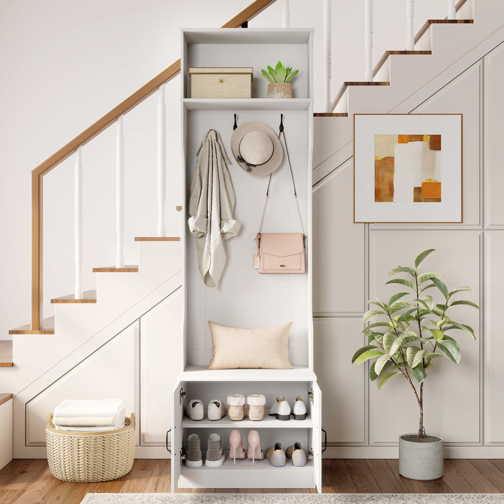 3-in-1 hall tree with bench and storage, featuring multiple hooks and adjustable shelves, ideal for mudroom.